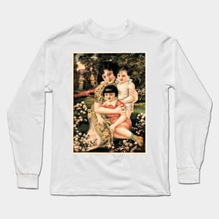 Happy Family with Children Garden Picnic Retro Vintage Chinese Long Sleeve T-Shirt